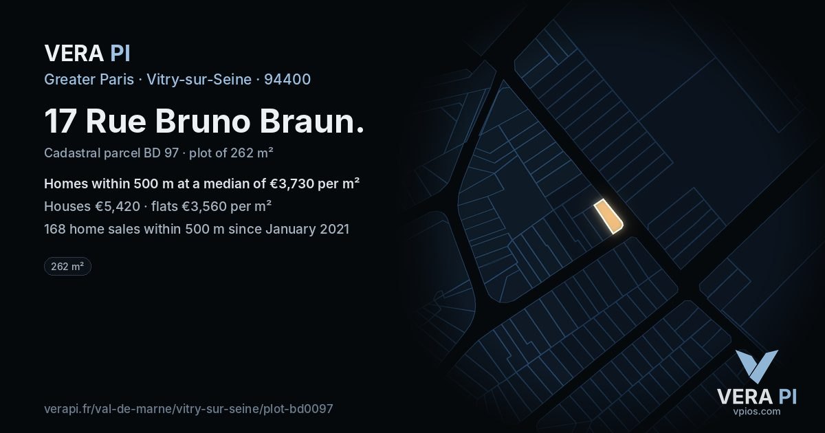 17 Rue Bruno Braun, Vitry-sur-Seine at night – the plot lit, the parcels around coloured by the prices near them