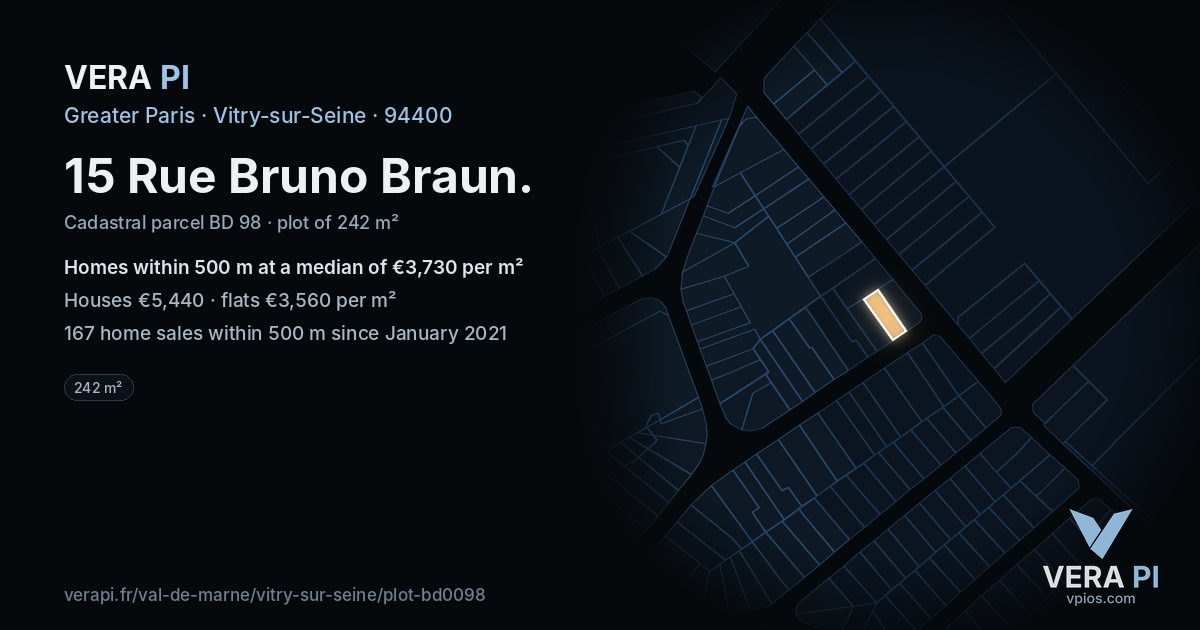 15 Rue Bruno Braun, Vitry-sur-Seine at night – the plot lit, the parcels around coloured by the prices near them