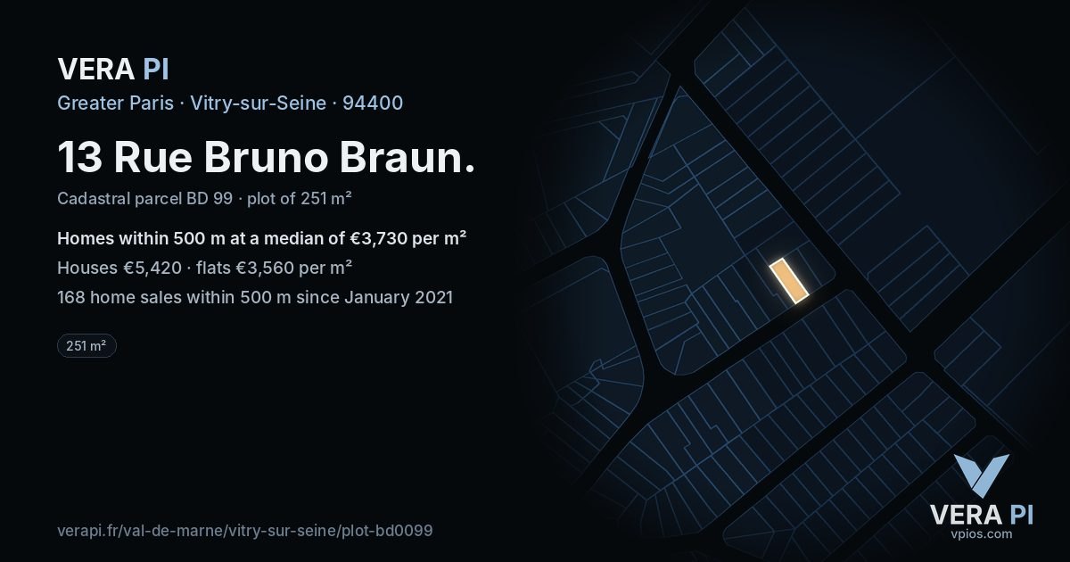 13 Rue Bruno Braun, Vitry-sur-Seine at night – the plot lit, the parcels around coloured by the prices near them