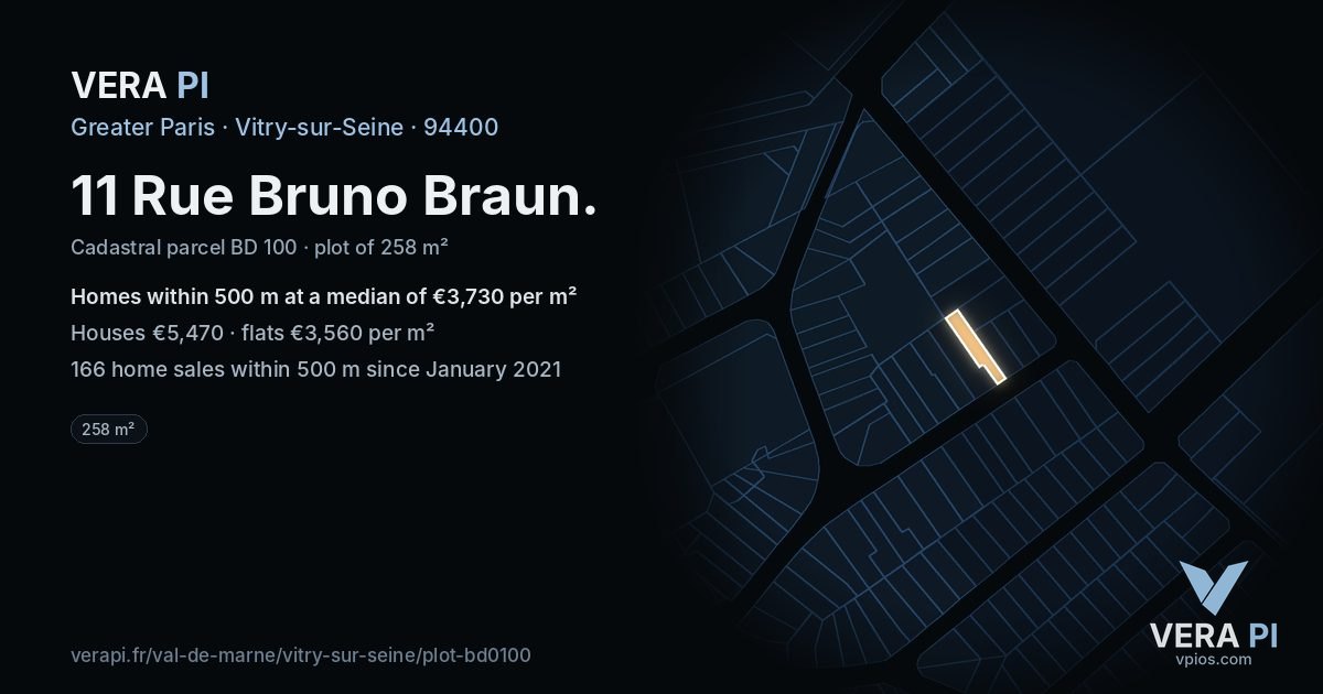 11 Rue Bruno Braun, Vitry-sur-Seine at night – the plot lit, the parcels around coloured by the prices near them