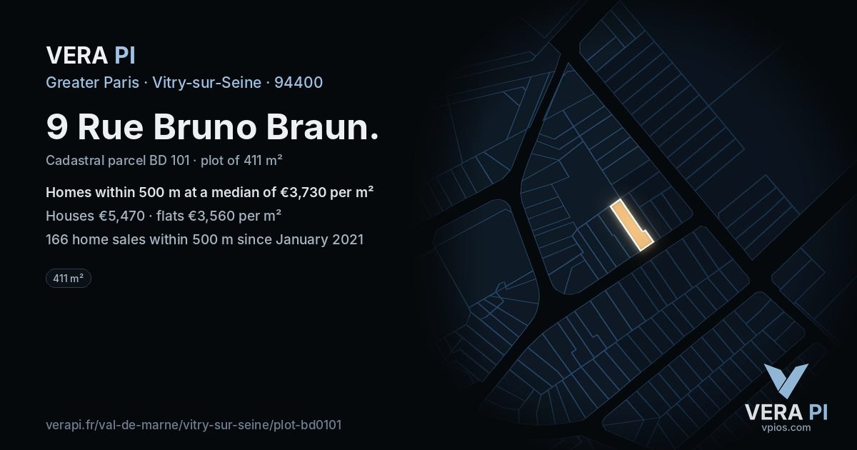 9 Rue Bruno Braun, Vitry-sur-Seine at night – the plot lit, the parcels around coloured by the prices near them