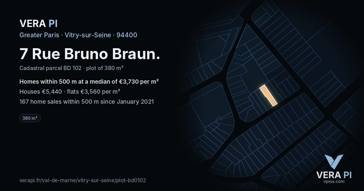 7 Rue Bruno Braun, Vitry-sur-Seine at night – the plot lit, the parcels around coloured by the prices near them