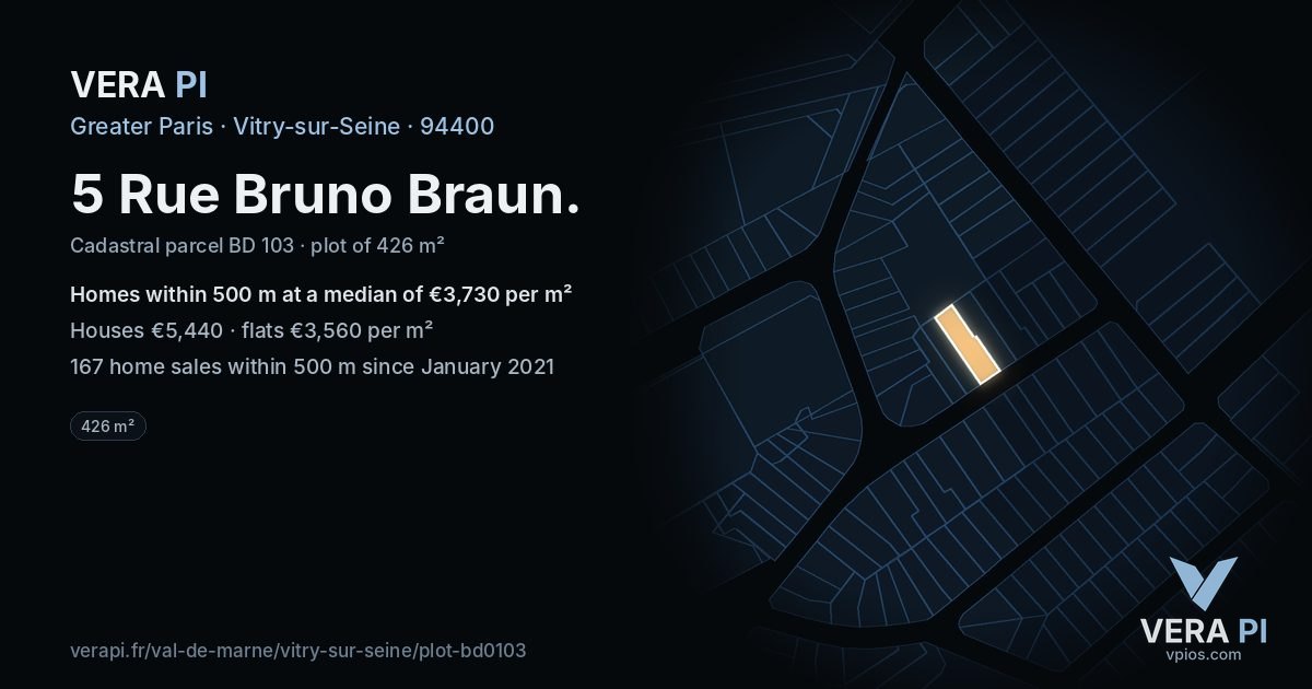 5 Rue Bruno Braun, Vitry-sur-Seine at night – the plot lit, the parcels around coloured by the prices near them