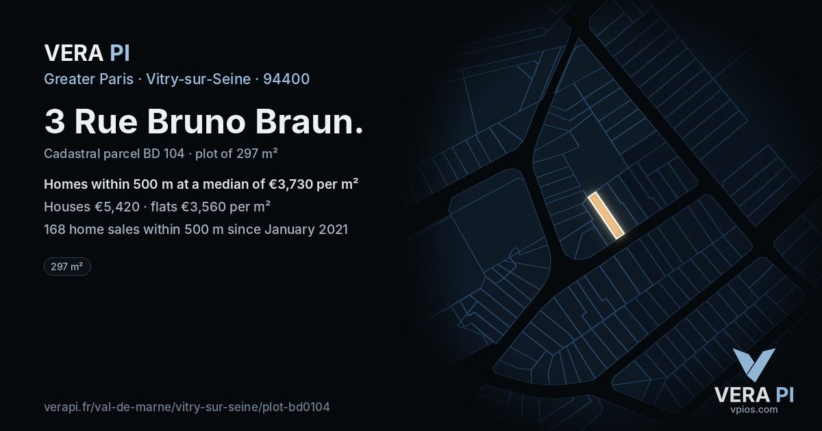 3 Rue Bruno Braun, Vitry-sur-Seine at night – the plot lit, the parcels around coloured by the prices near them
