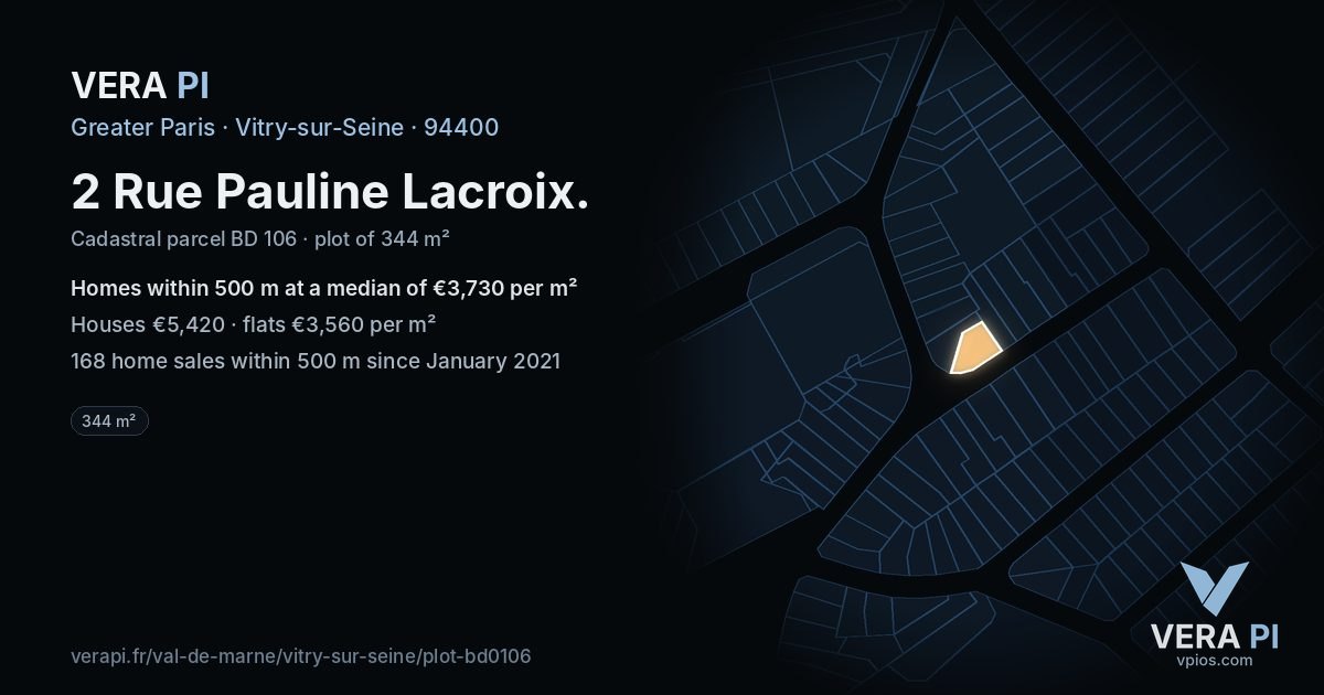 2 Rue Pauline Lacroix, Vitry-sur-Seine at night – the plot lit, the parcels around coloured by the prices near them