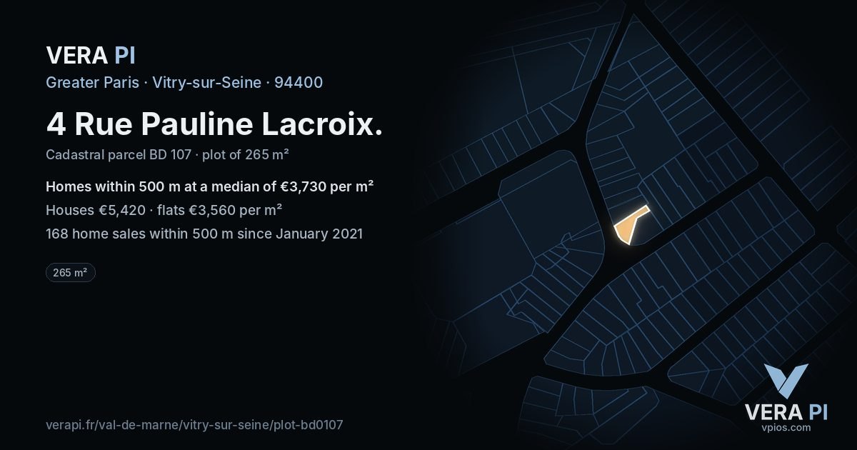 4 Rue Pauline Lacroix, Vitry-sur-Seine at night – the plot lit, the parcels around coloured by the prices near them