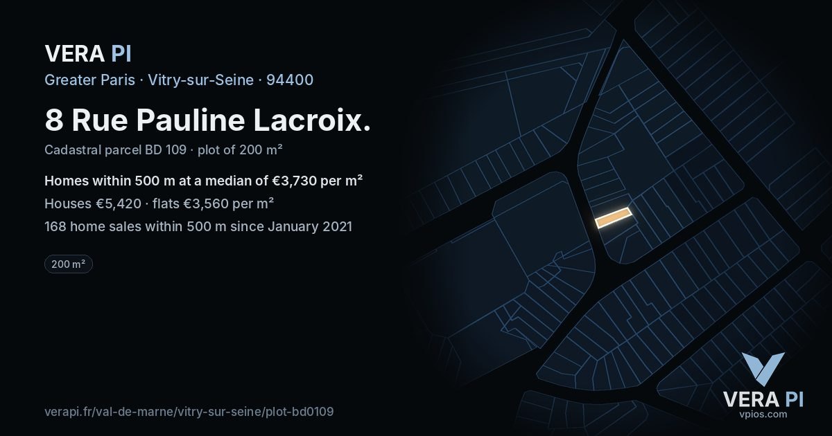8 Rue Pauline Lacroix, Vitry-sur-Seine at night – the plot lit, the parcels around coloured by the prices near them