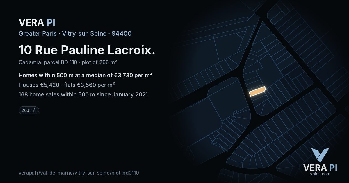 10 Rue Pauline Lacroix, Vitry-sur-Seine at night – the plot lit, the parcels around coloured by the prices near them