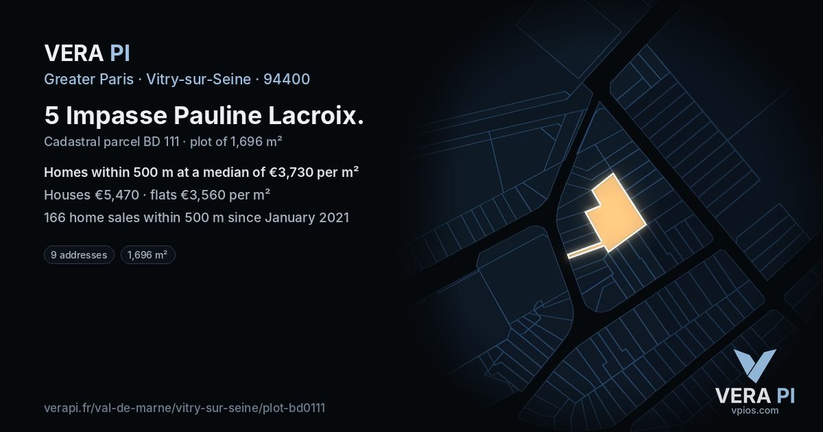 5 Impasse Pauline Lacroix, Vitry-sur-Seine at night – the plot lit, the parcels around coloured by the prices near them