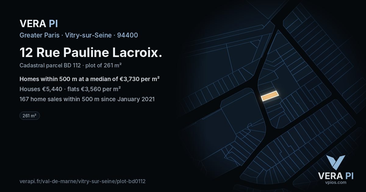 12 Rue Pauline Lacroix, Vitry-sur-Seine at night – the plot lit, the parcels around coloured by the prices near them