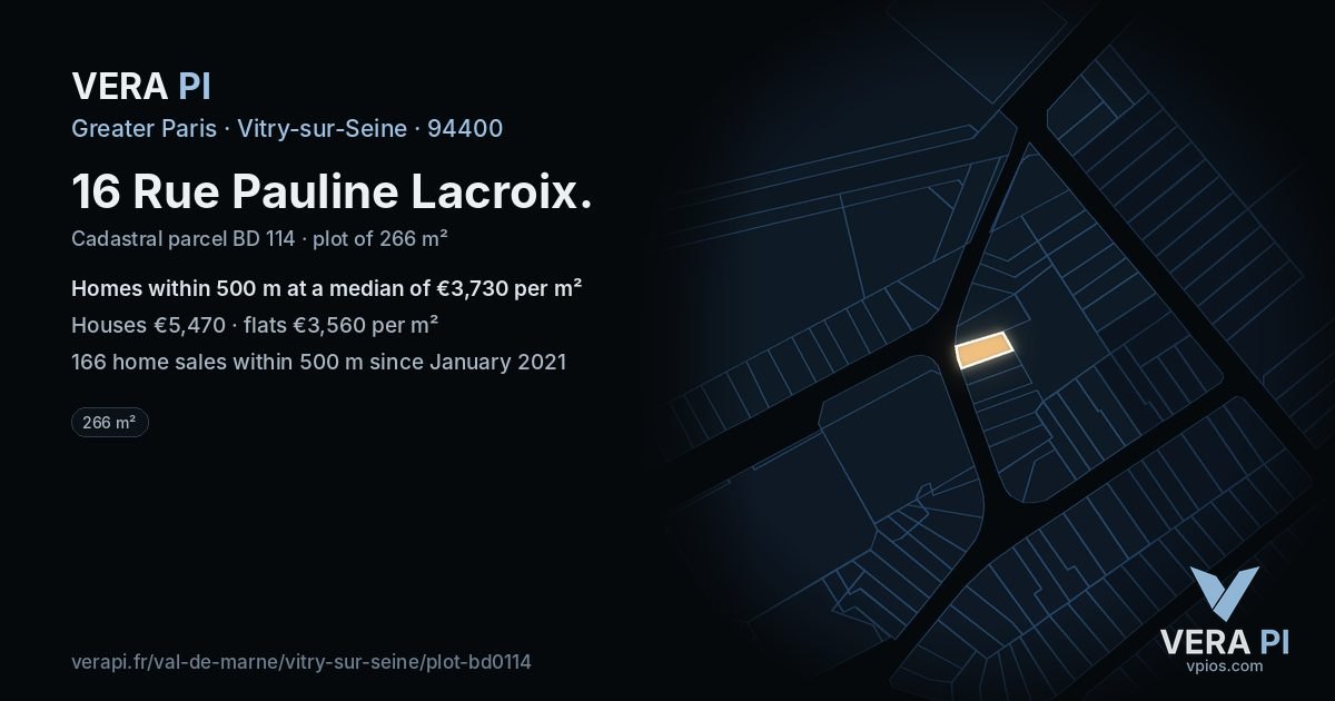 16 Rue Pauline Lacroix, Vitry-sur-Seine at night – the plot lit, the parcels around coloured by the prices near them