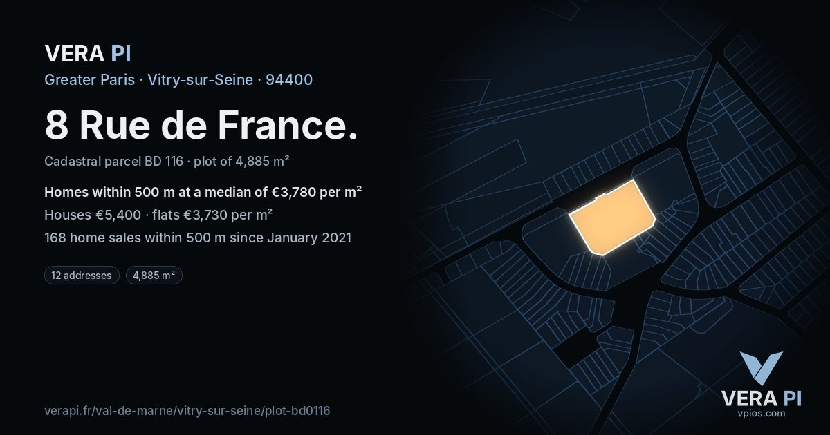 8 Rue de France, Vitry-sur-Seine at night – the plot lit, the parcels around coloured by the prices near them
