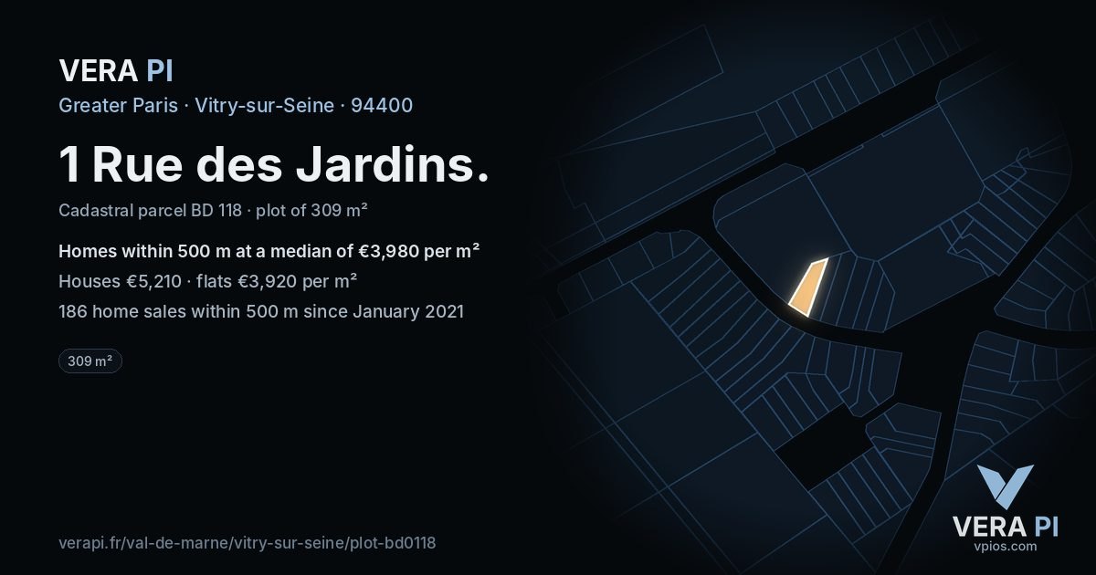 1 Rue des Jardins, Vitry-sur-Seine at night – the plot lit, the parcels around coloured by the prices near them