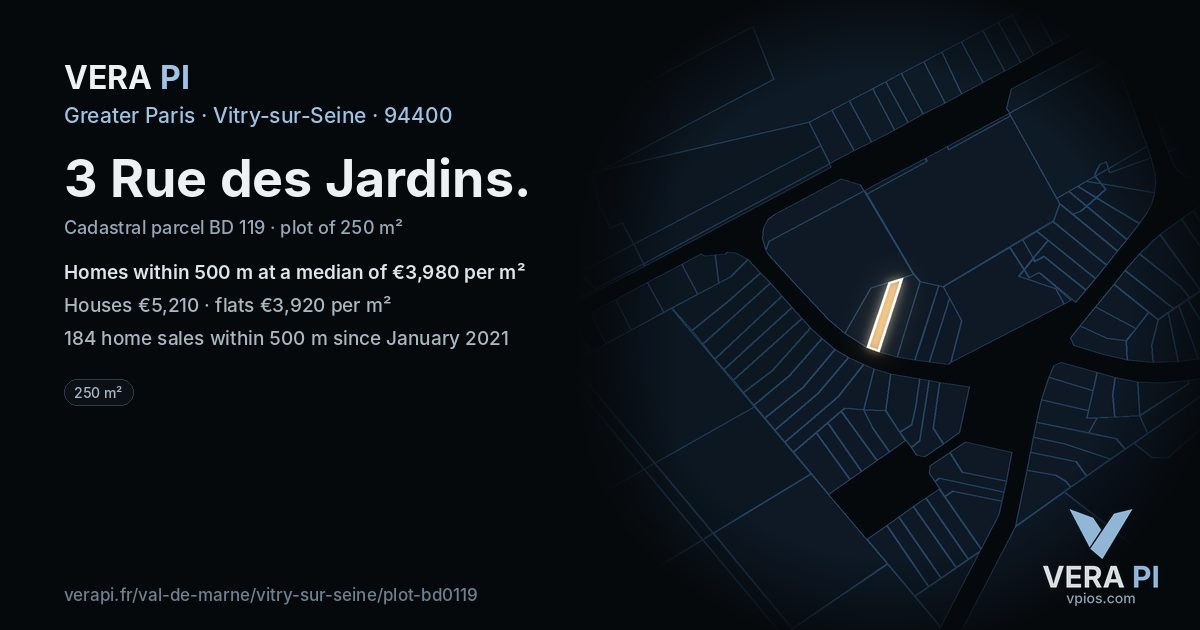 3 Rue des Jardins, Vitry-sur-Seine at night – the plot lit, the parcels around coloured by the prices near them