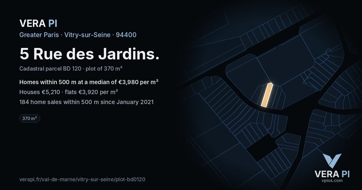 5 Rue des Jardins, Vitry-sur-Seine at night – the plot lit, the parcels around coloured by the prices near them
