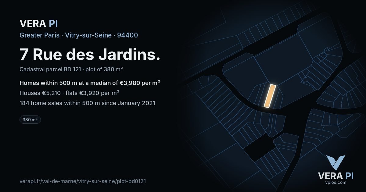 7 Rue des Jardins, Vitry-sur-Seine at night – the plot lit, the parcels around coloured by the prices near them