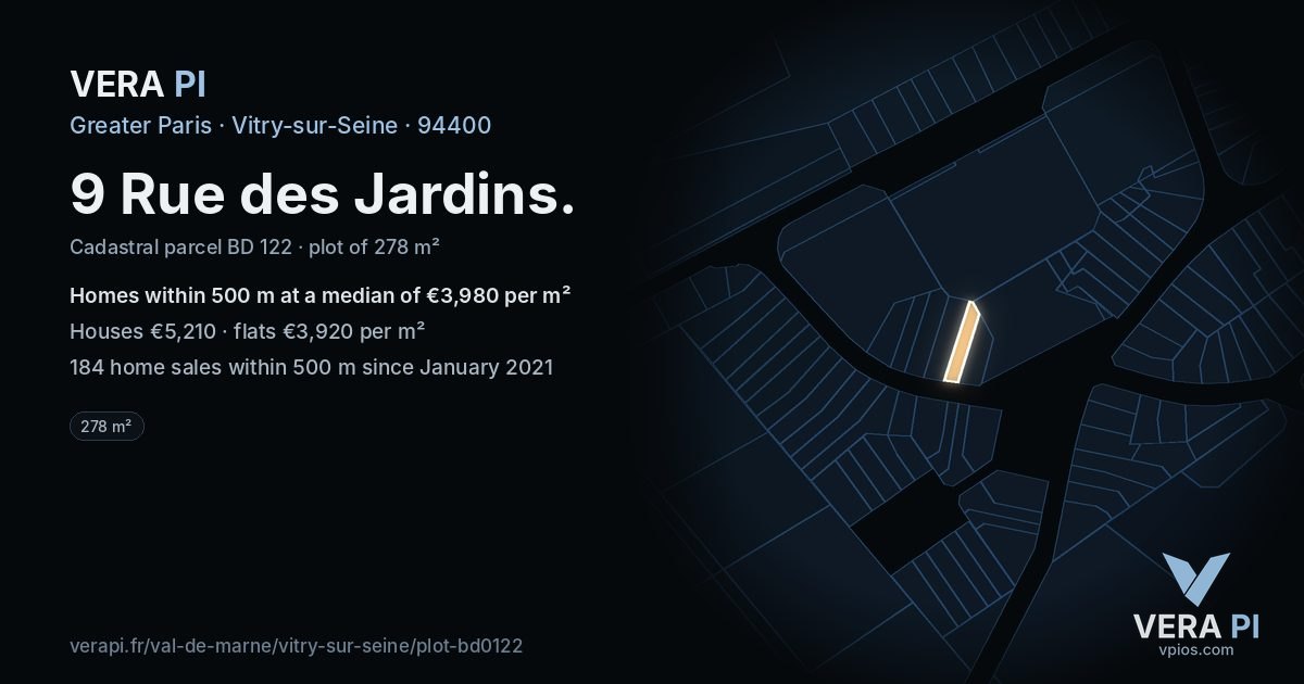 9 Rue des Jardins, Vitry-sur-Seine at night – the plot lit, the parcels around coloured by the prices near them