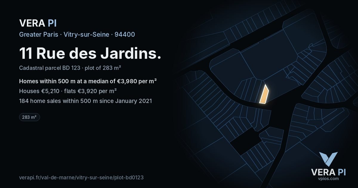 11 Rue des Jardins, Vitry-sur-Seine at night – the plot lit, the parcels around coloured by the prices near them