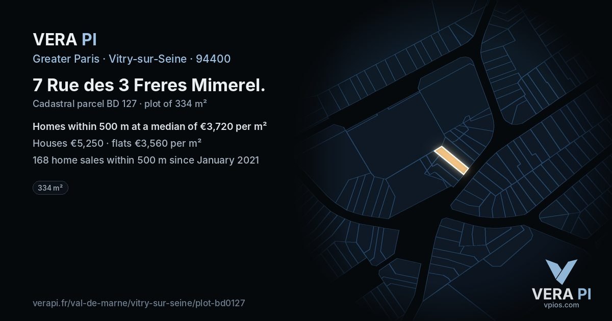 7 Rue des 3 Freres Mimerel, Vitry-sur-Seine at night – the plot lit, the parcels around coloured by the prices near them