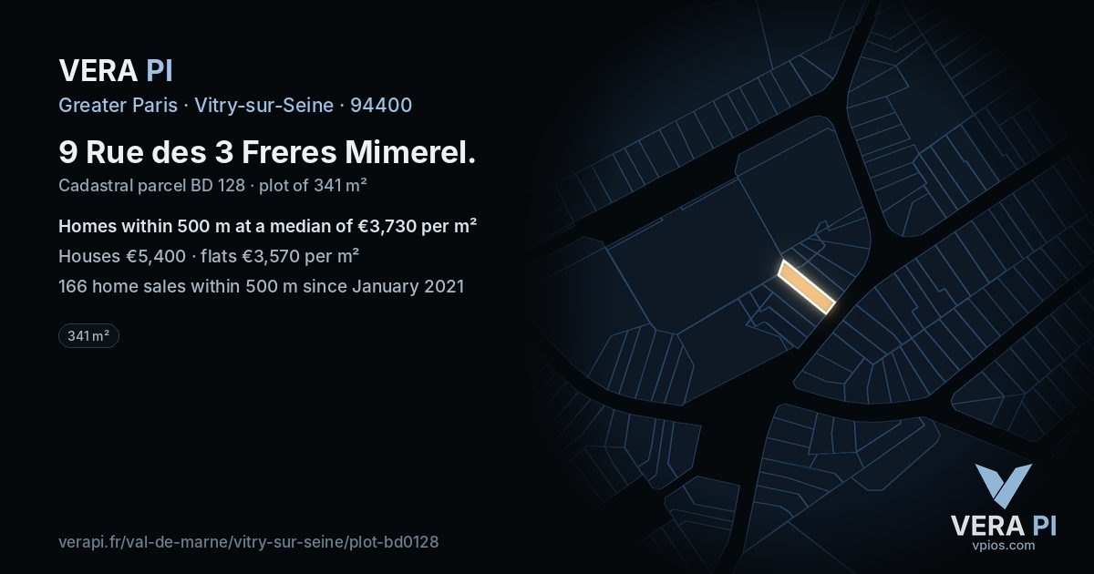 9 Rue des 3 Freres Mimerel, Vitry-sur-Seine at night – the plot lit, the parcels around coloured by the prices near them