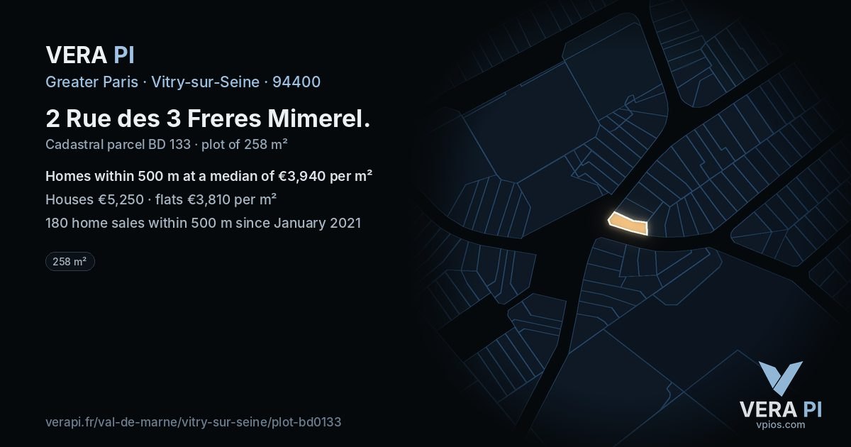 2 Rue des 3 Freres Mimerel, Vitry-sur-Seine at night – the plot lit, the parcels around coloured by the prices near them