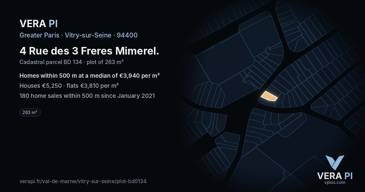 4 Rue des 3 Freres Mimerel, Vitry-sur-Seine at night – the plot lit, the parcels around coloured by the prices near them