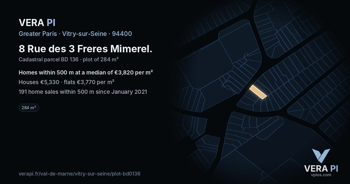 8 Rue des 3 Freres Mimerel, Vitry-sur-Seine at night – the plot lit, the parcels around coloured by the prices near them