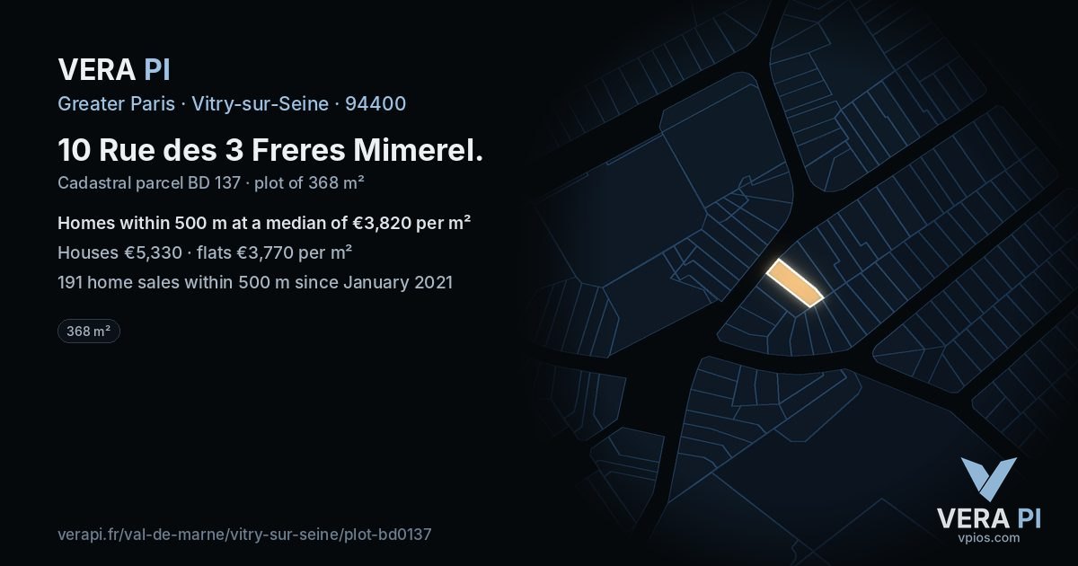 10 Rue des 3 Freres Mimerel, Vitry-sur-Seine at night – the plot lit, the parcels around coloured by the prices near them