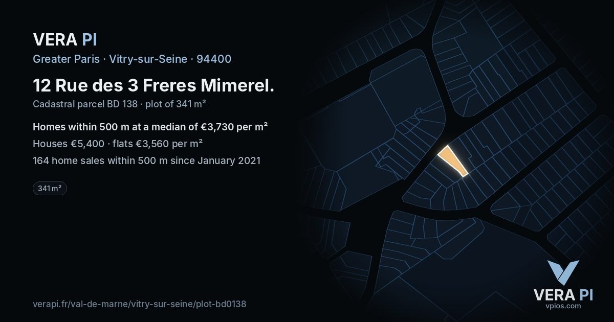 12 Rue des 3 Freres Mimerel, Vitry-sur-Seine at night – the plot lit, the parcels around coloured by the prices near them