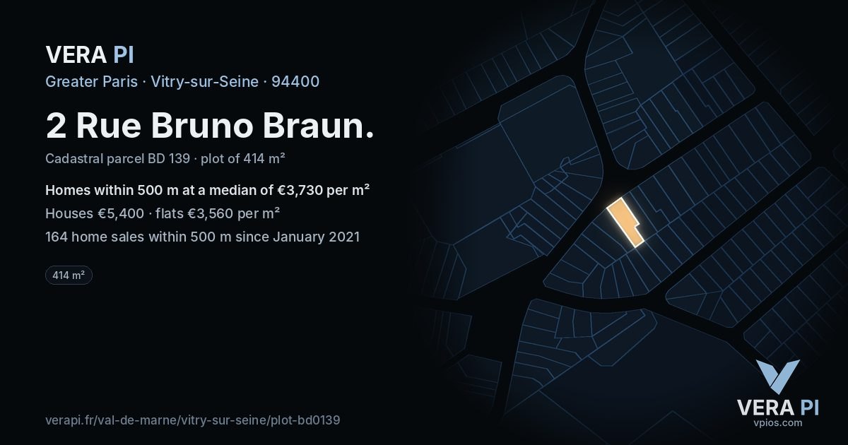 2 Rue Bruno Braun, Vitry-sur-Seine at night – the plot lit, the parcels around coloured by the prices near them