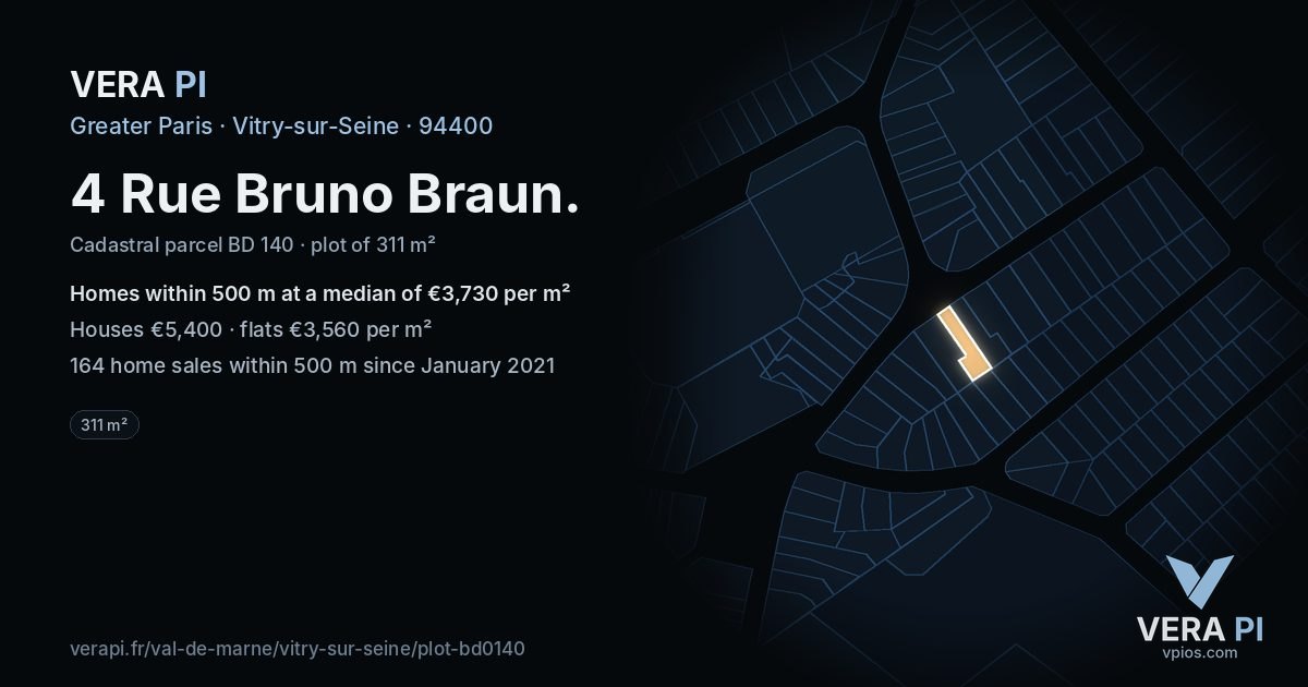 4 Rue Bruno Braun, Vitry-sur-Seine at night – the plot lit, the parcels around coloured by the prices near them