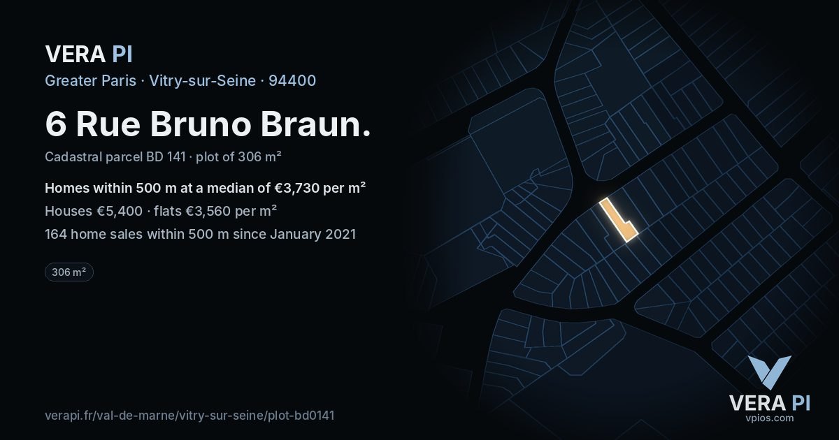 6 Rue Bruno Braun, Vitry-sur-Seine at night – the plot lit, the parcels around coloured by the prices near them