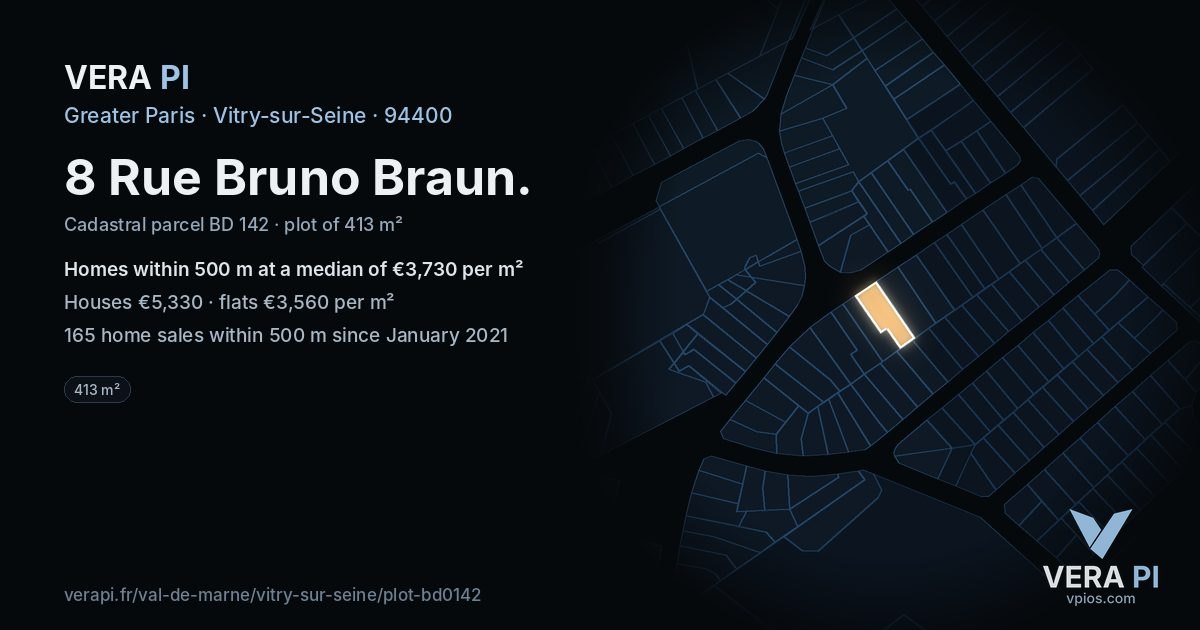 8 Rue Bruno Braun, Vitry-sur-Seine at night – the plot lit, the parcels around coloured by the prices near them