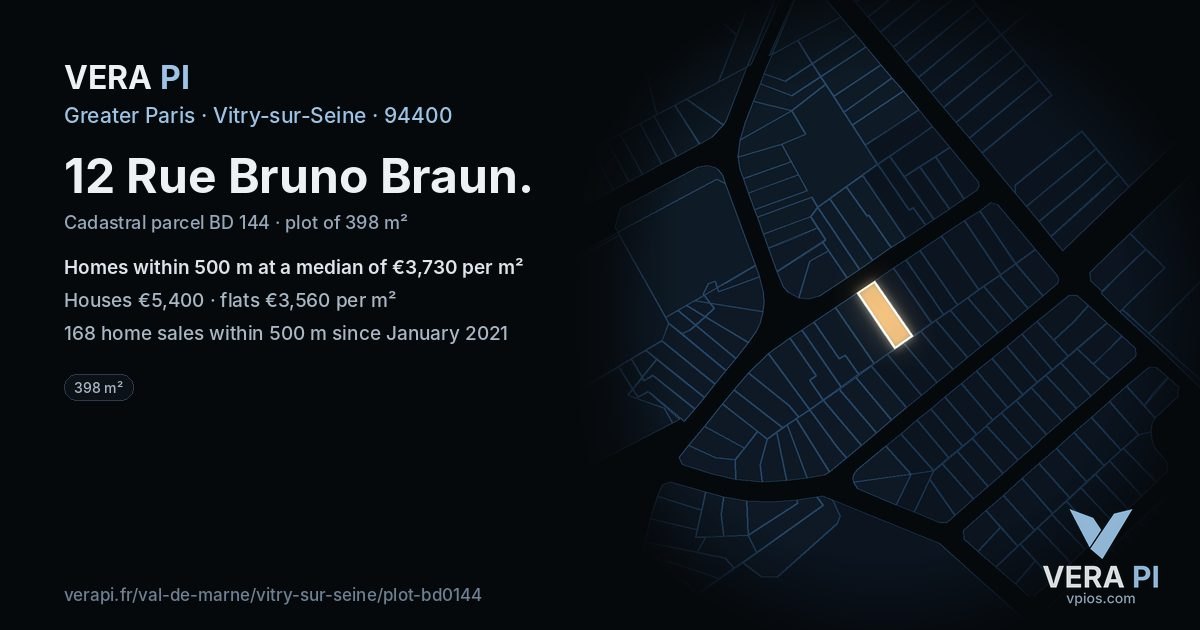 12 Rue Bruno Braun, Vitry-sur-Seine at night – the plot lit, the parcels around coloured by the prices near them