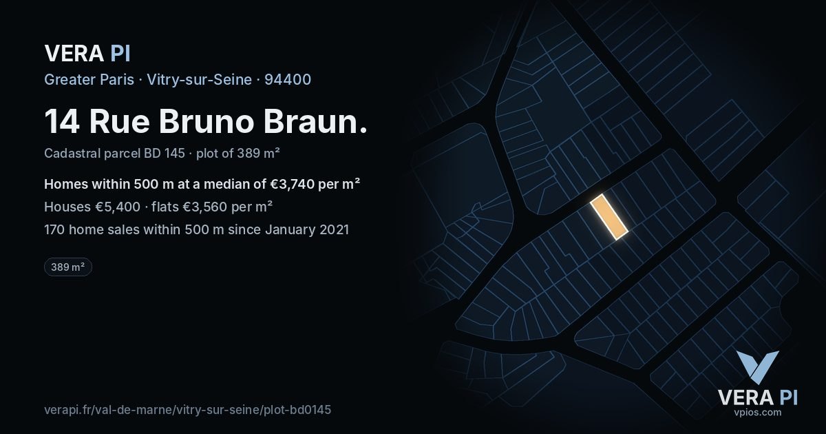 14 Rue Bruno Braun, Vitry-sur-Seine at night – the plot lit, the parcels around coloured by the prices near them