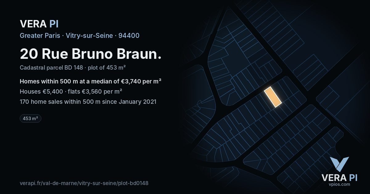 20 Rue Bruno Braun, Vitry-sur-Seine at night – the plot lit, the parcels around coloured by the prices near them