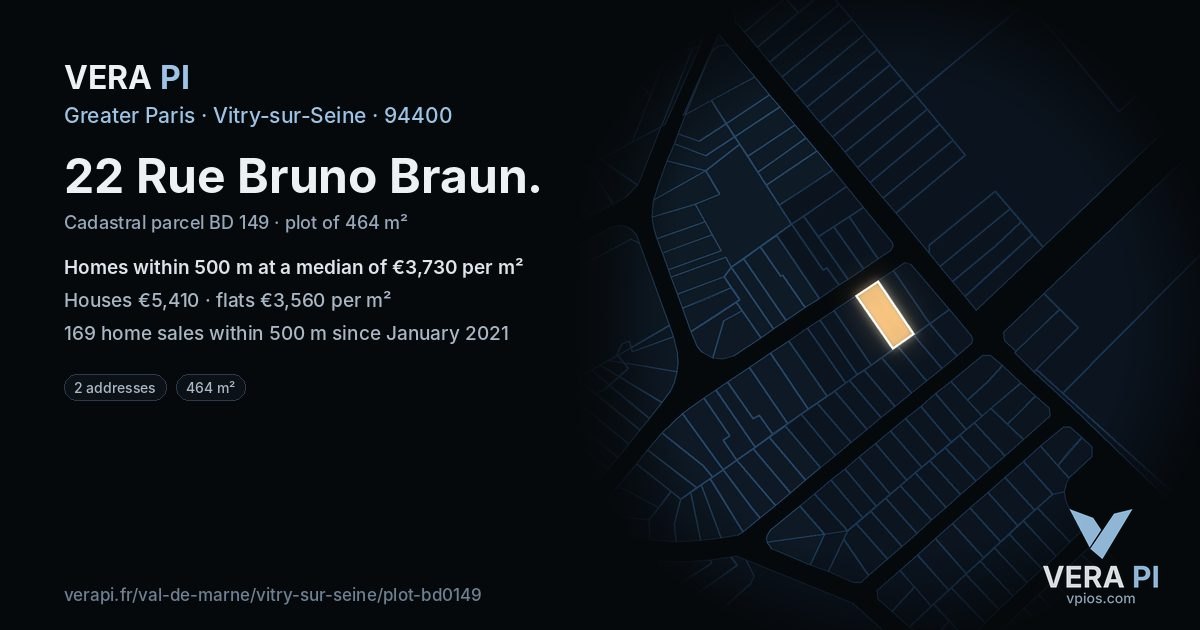 22 Rue Bruno Braun, Vitry-sur-Seine at night – the plot lit, the parcels around coloured by the prices near them