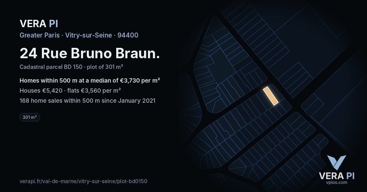 24 Rue Bruno Braun, Vitry-sur-Seine at night – the plot lit, the parcels around coloured by the prices near them