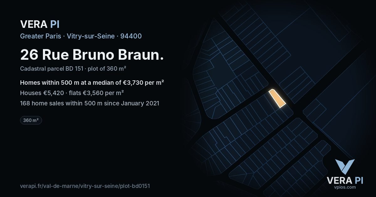 26 Rue Bruno Braun, Vitry-sur-Seine at night – the plot lit, the parcels around coloured by the prices near them