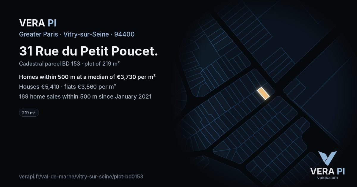 31 Rue du Petit Poucet, Vitry-sur-Seine at night – the plot lit, the parcels around coloured by the prices near them
