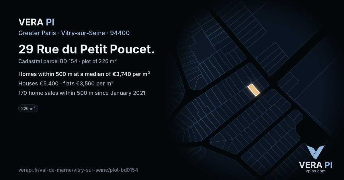 29 Rue du Petit Poucet, Vitry-sur-Seine at night – the plot lit, the parcels around coloured by the prices near them