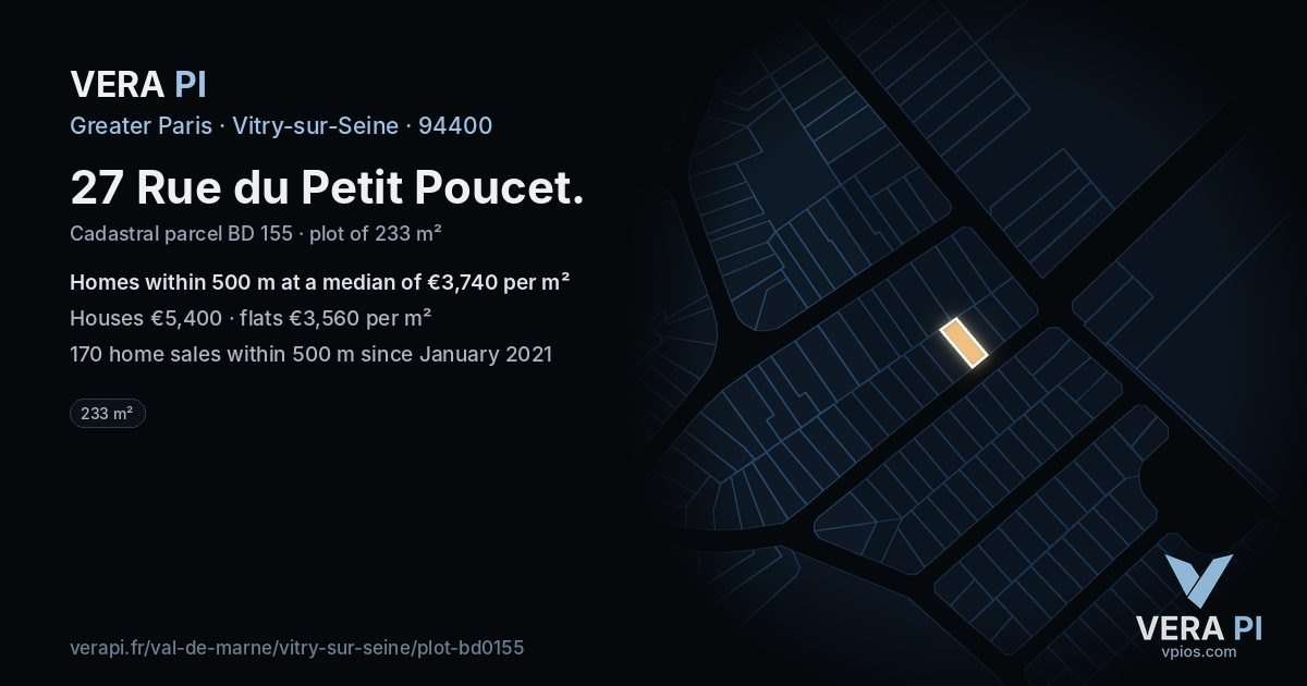 27 Rue du Petit Poucet, Vitry-sur-Seine at night – the plot lit, the parcels around coloured by the prices near them
