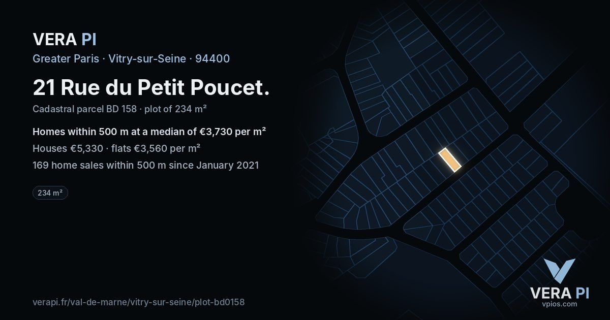 21 Rue du Petit Poucet, Vitry-sur-Seine at night – the plot lit, the parcels around coloured by the prices near them
