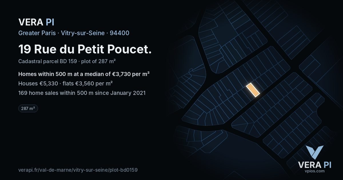 19 Rue du Petit Poucet, Vitry-sur-Seine at night – the plot lit, the parcels around coloured by the prices near them