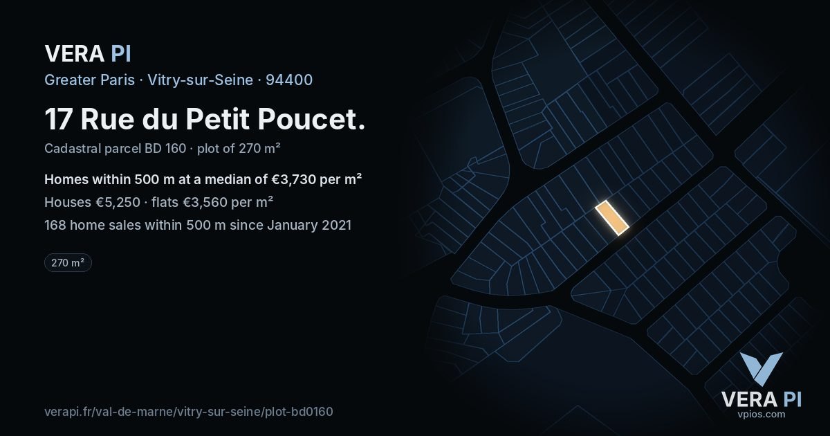 17 Rue du Petit Poucet, Vitry-sur-Seine at night – the plot lit, the parcels around coloured by the prices near them