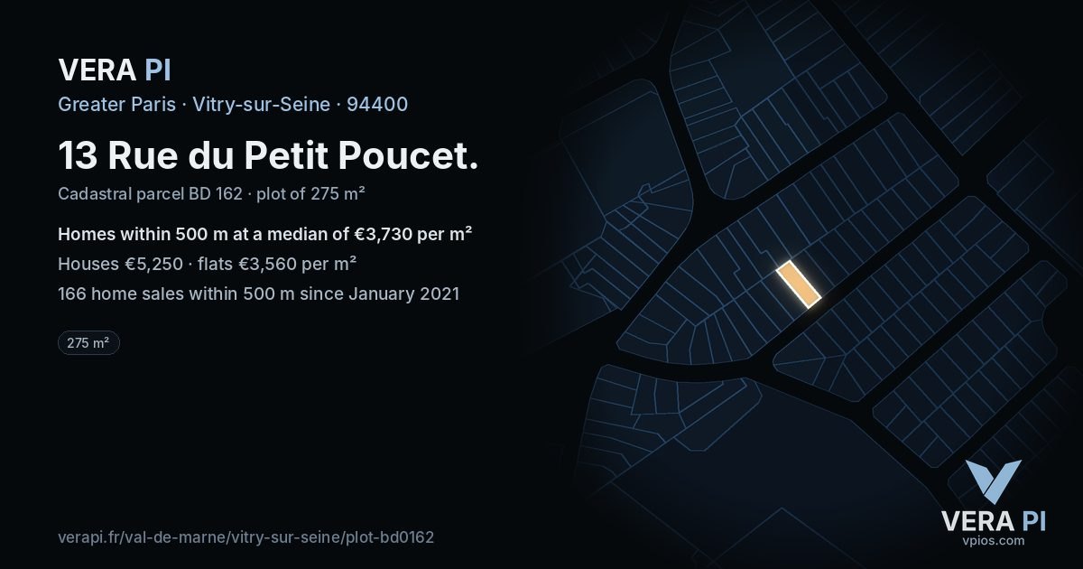 13 Rue du Petit Poucet, Vitry-sur-Seine at night – the plot lit, the parcels around coloured by the prices near them