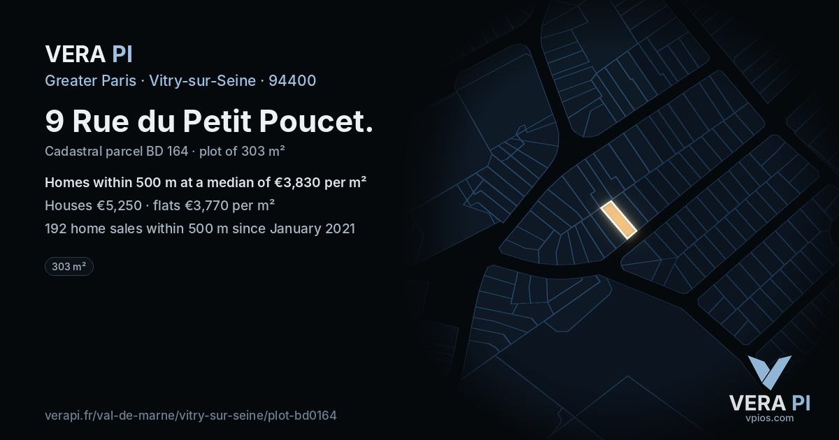9 Rue du Petit Poucet, Vitry-sur-Seine at night – the plot lit, the parcels around coloured by the prices near them