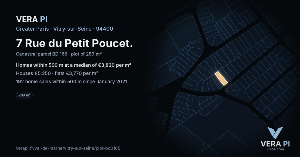 7 Rue du Petit Poucet, Vitry-sur-Seine at night – the plot lit, the parcels around coloured by the prices near them