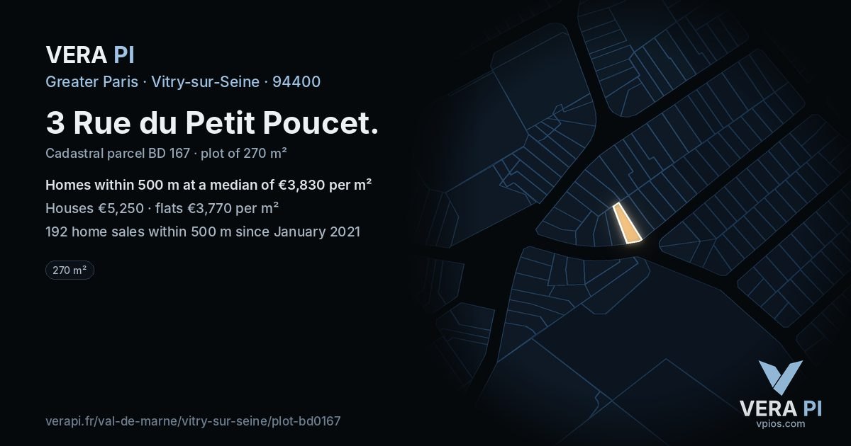 3 Rue du Petit Poucet, Vitry-sur-Seine at night – the plot lit, the parcels around coloured by the prices near them
