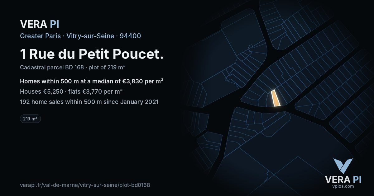 1 Rue du Petit Poucet, Vitry-sur-Seine at night – the plot lit, the parcels around coloured by the prices near them